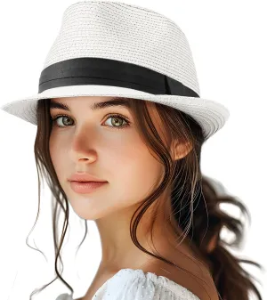 Straw Fedora Hat for Women Men Packable Short Brim Roll Up Trilby Hat Panama Summer Beach Sun Hat UPF 50 