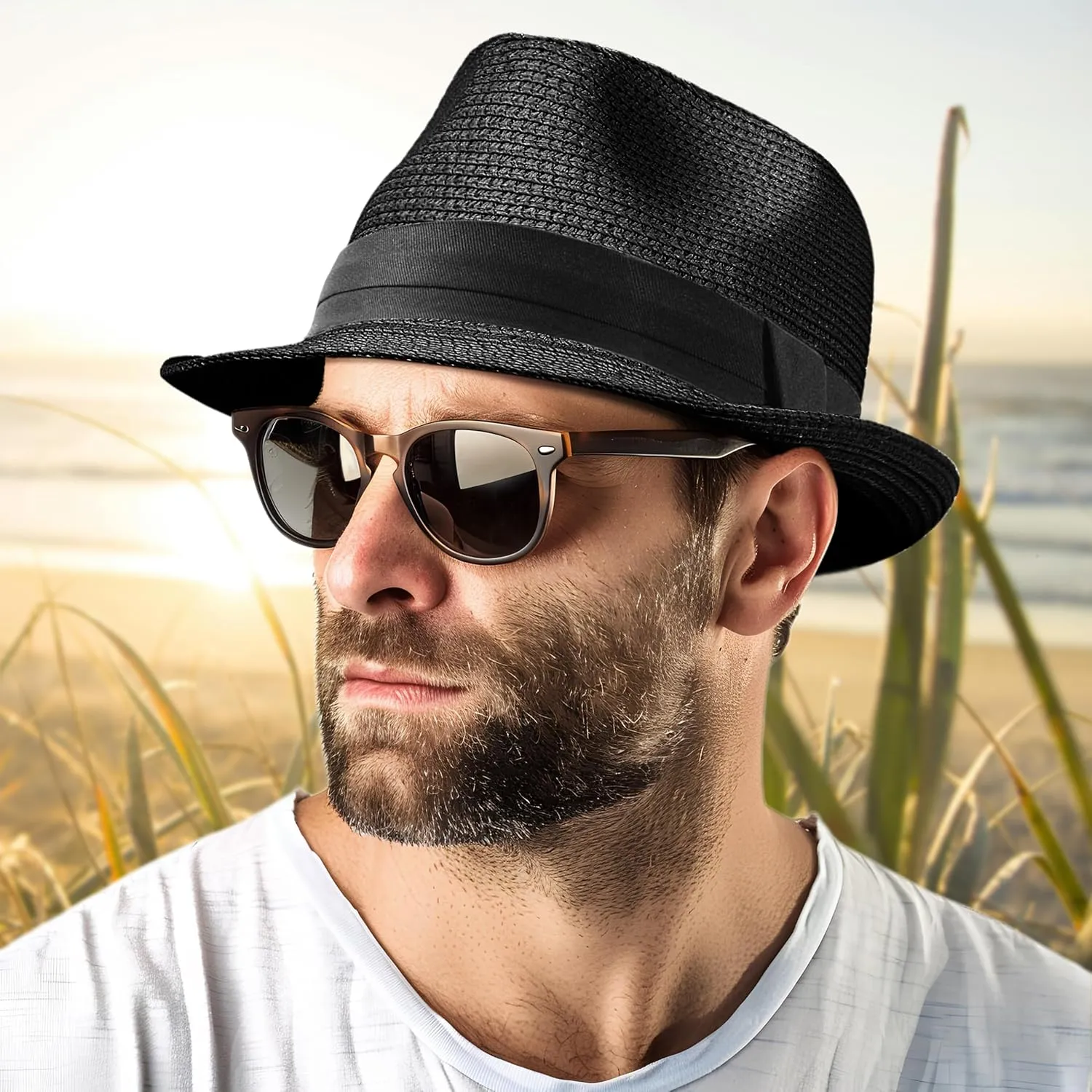 Straw Fedora Hat for Women Men Packable Short Brim Roll Up Trilby Hat Panama Summer Beach Sun Hat UPF 50 