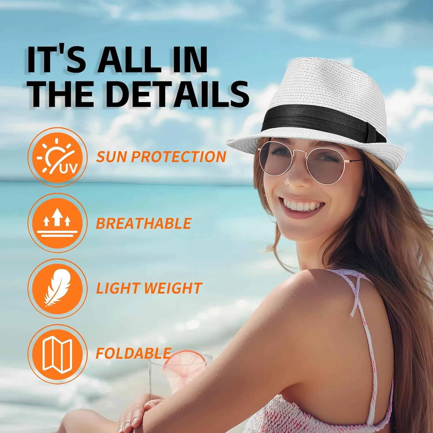 Straw Fedora Hat for Women Men Packable Short Brim Roll Up Trilby Hat Panama Summer Beach Sun Hat UPF 50 