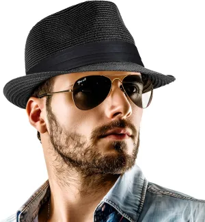 Straw Fedora Hat for Women Men Packable Short Brim Roll Up Trilby Hat Panama Summer Beach Sun Hat UPF 50 