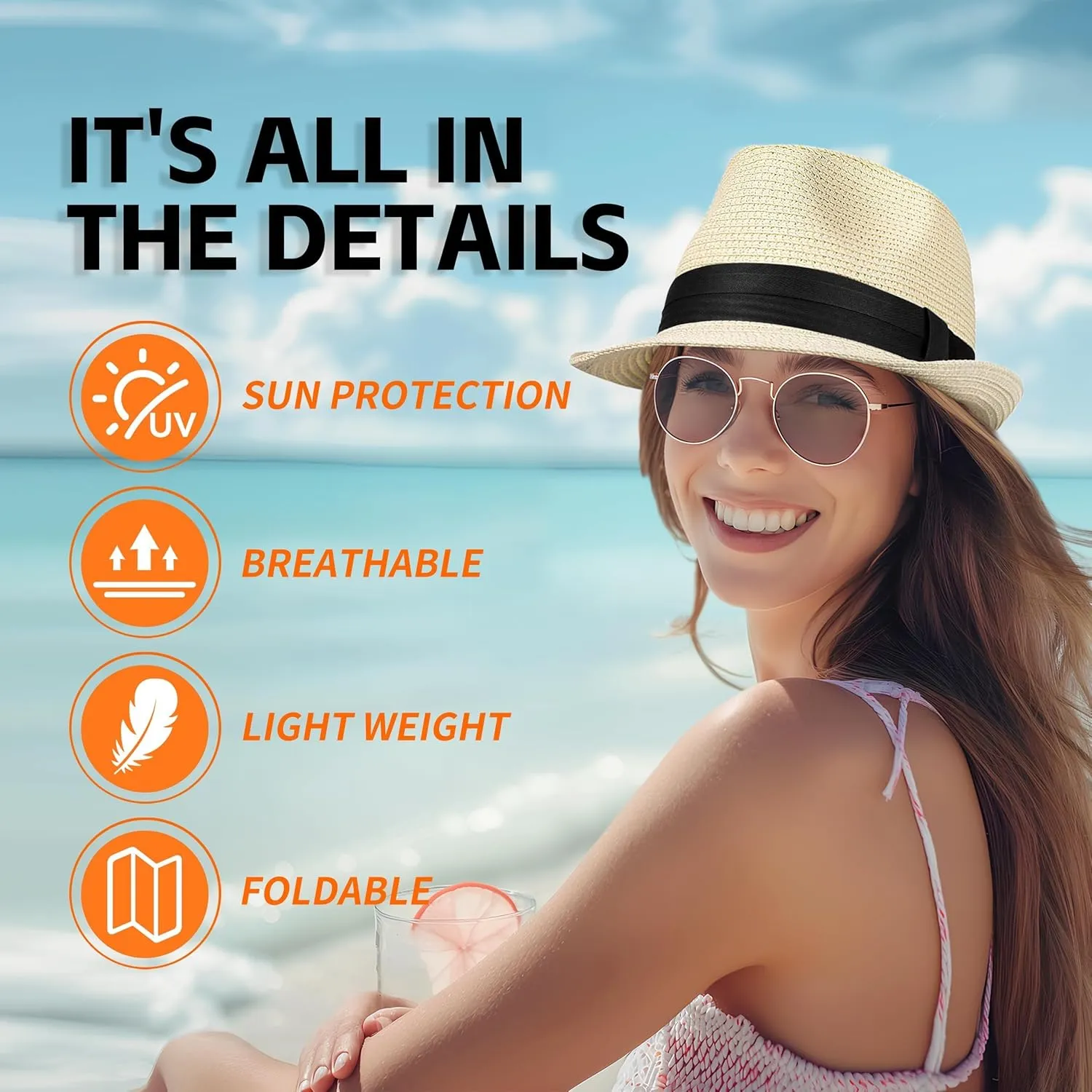 Straw Fedora Hat for Women Men Packable Short Brim Roll Up Trilby Hat Panama Summer Beach Sun Hat UPF 50 
