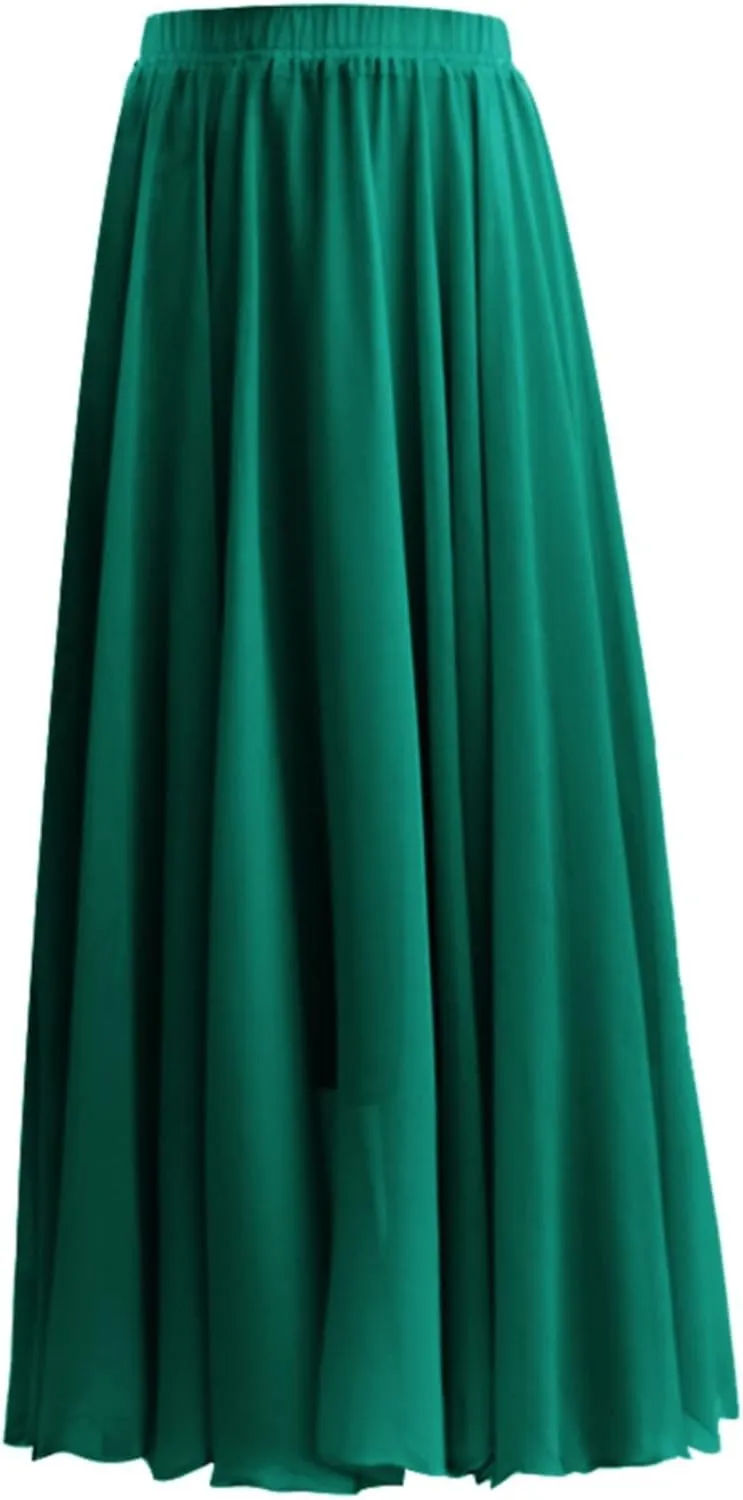 Summer Beach Skirt for Women Flowy Chiffon Maxi Skirts Floor Length High Waisted Pleated Skirt Vintage Tea Party Dresses