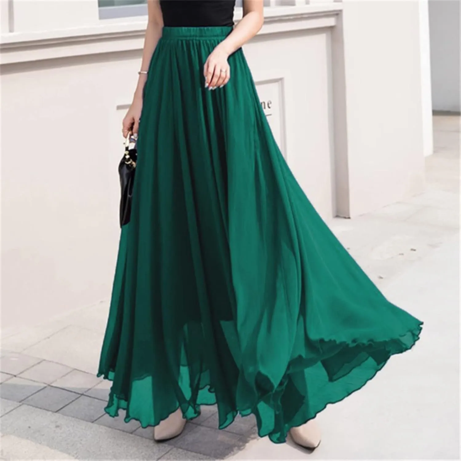 Summer Beach Skirt for Women Flowy Chiffon Maxi Skirts Floor Length High Waisted Pleated Skirt Vintage Tea Party Dresses