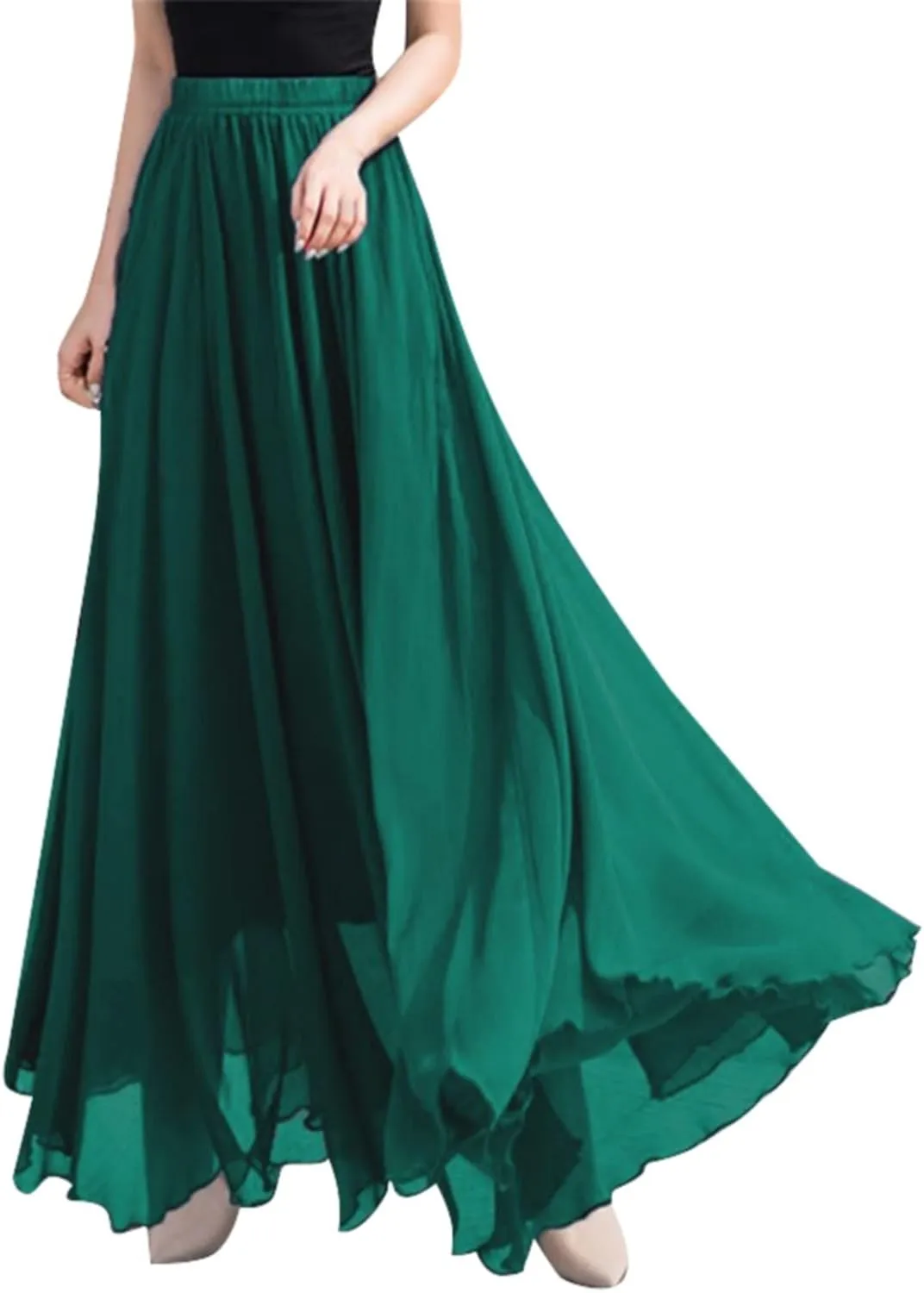 Summer Beach Skirt for Women Flowy Chiffon Maxi Skirts Floor Length High Waisted Pleated Skirt Vintage Tea Party Dresses