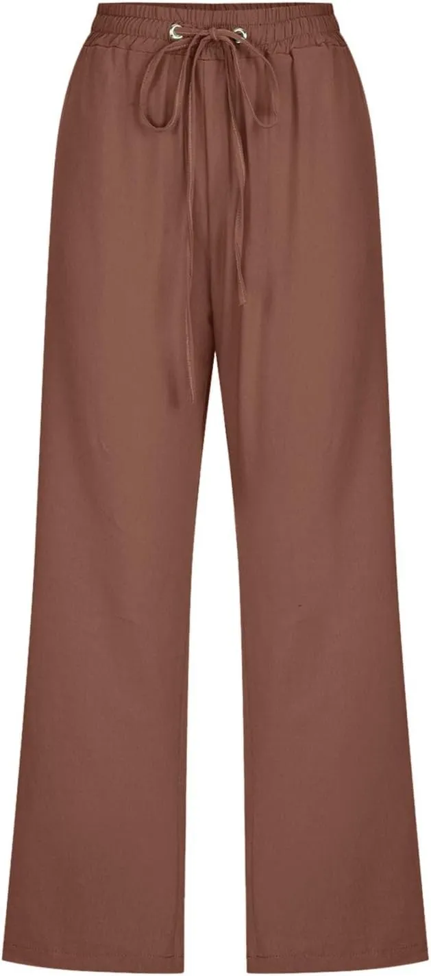 Summer Cotton Linen Capri Pants for Women Straight Wide Leg Cropped Trousers with Elastic Drawstring Waist