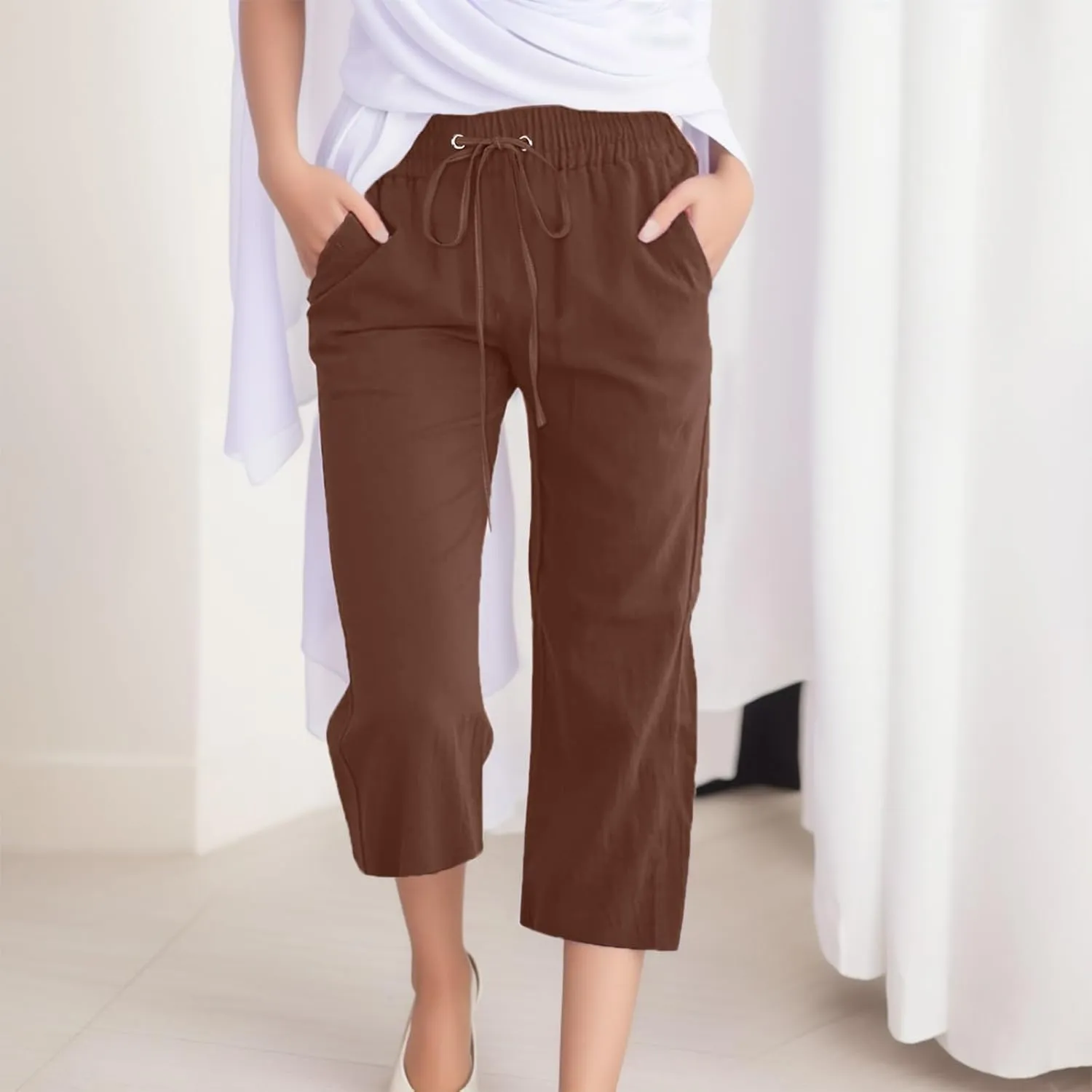 Summer Cotton Linen Capri Pants for Women Straight Wide Leg Cropped Trousers with Elastic Drawstring Waist