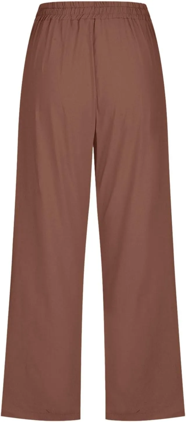 Summer Cotton Linen Capri Pants for Women Straight Wide Leg Cropped Trousers with Elastic Drawstring Waist
