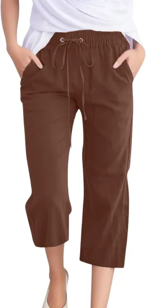 Summer Cotton Linen Capri Pants for Women Straight Wide Leg Cropped Trousers with Elastic Drawstring Waist