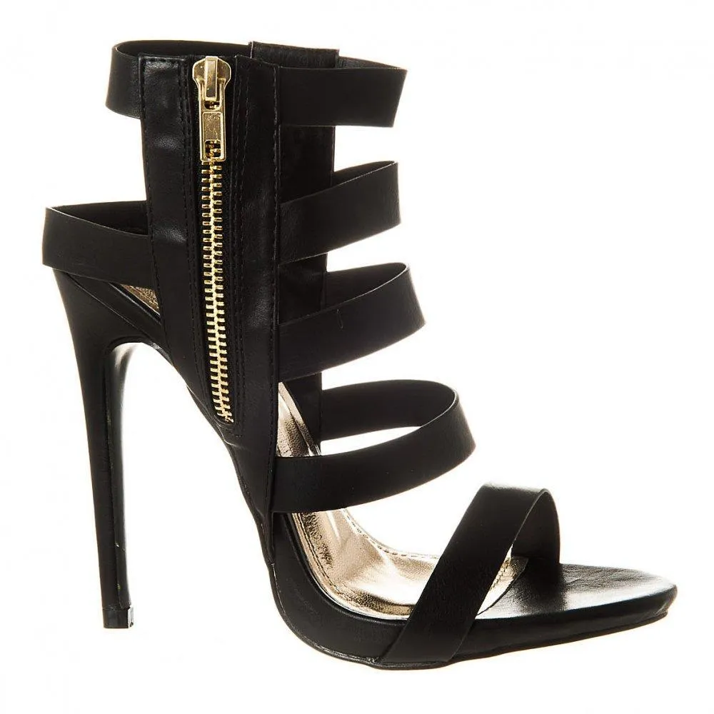 Suzzy High Heel Open Toe Strappy Sandal With Gold Side Zip