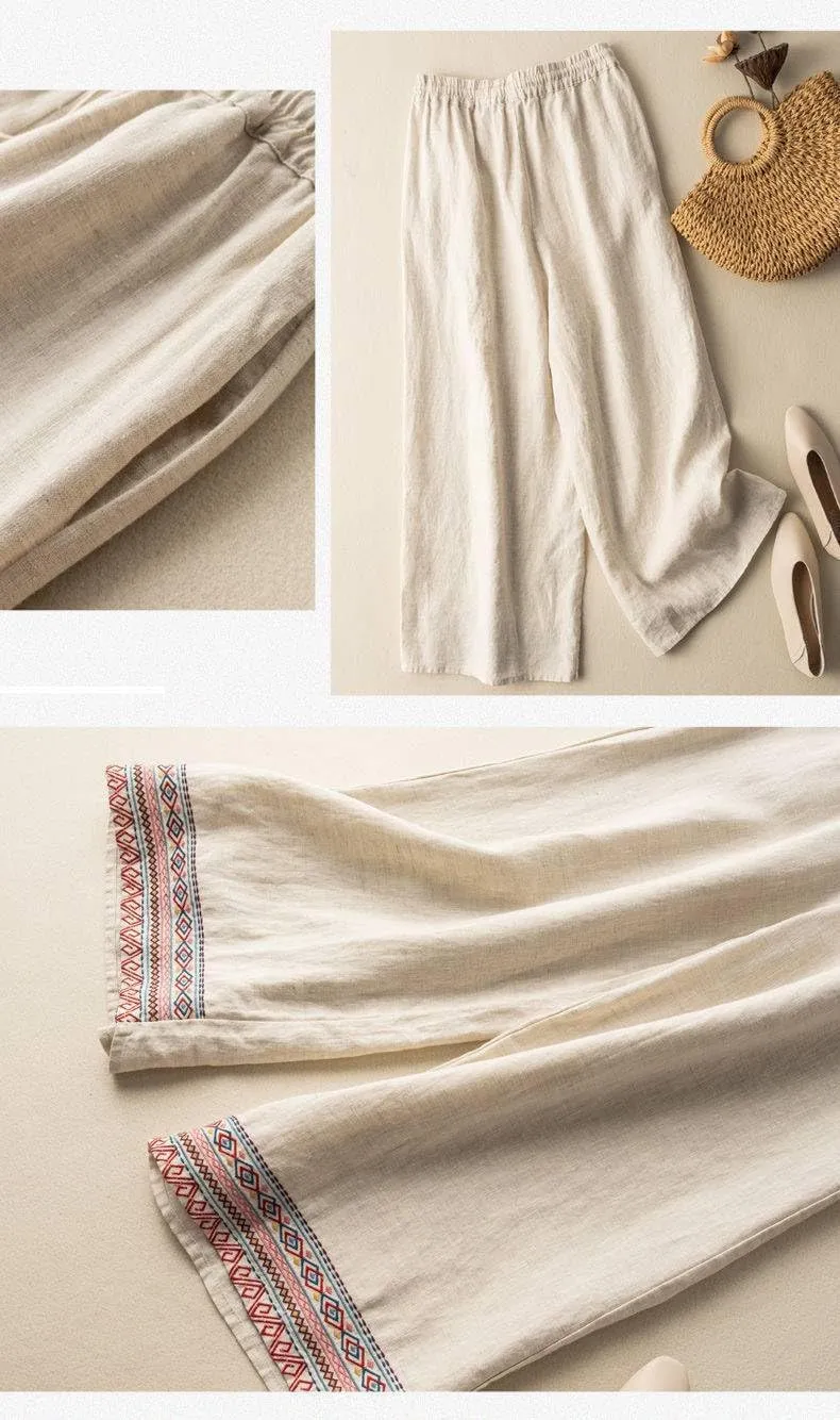 TIAFORD Womens Cotton Linen Ethnic Embroidered Hem Wide Leg Pants Drawstring High Waist Casual Loose Trousers with Pockets