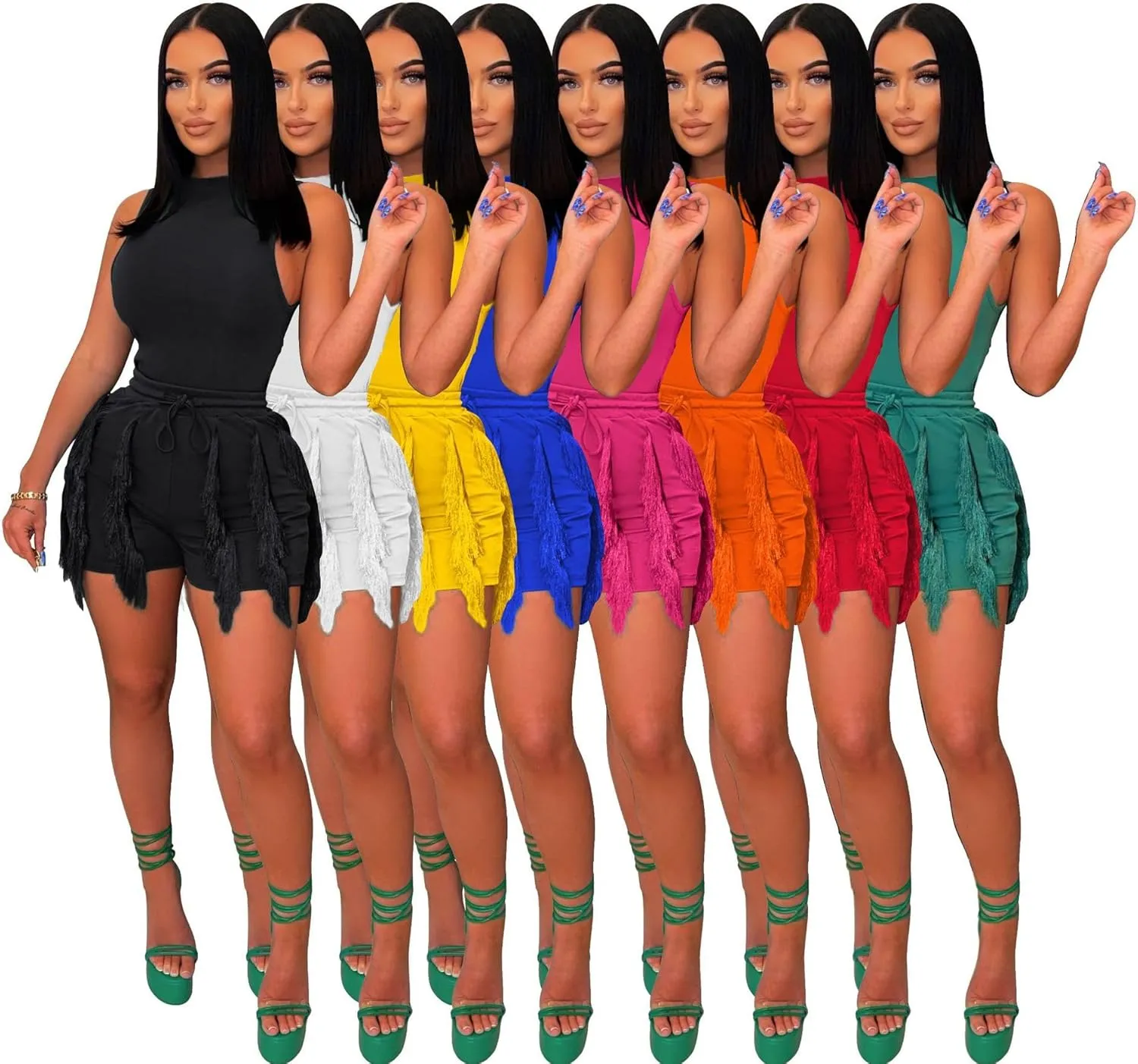 Two Piece Outfits for Women Casual Solid Sleeveless One Piece Tank Tops Fringe Pants Drawstring Shorts Jumpsuits