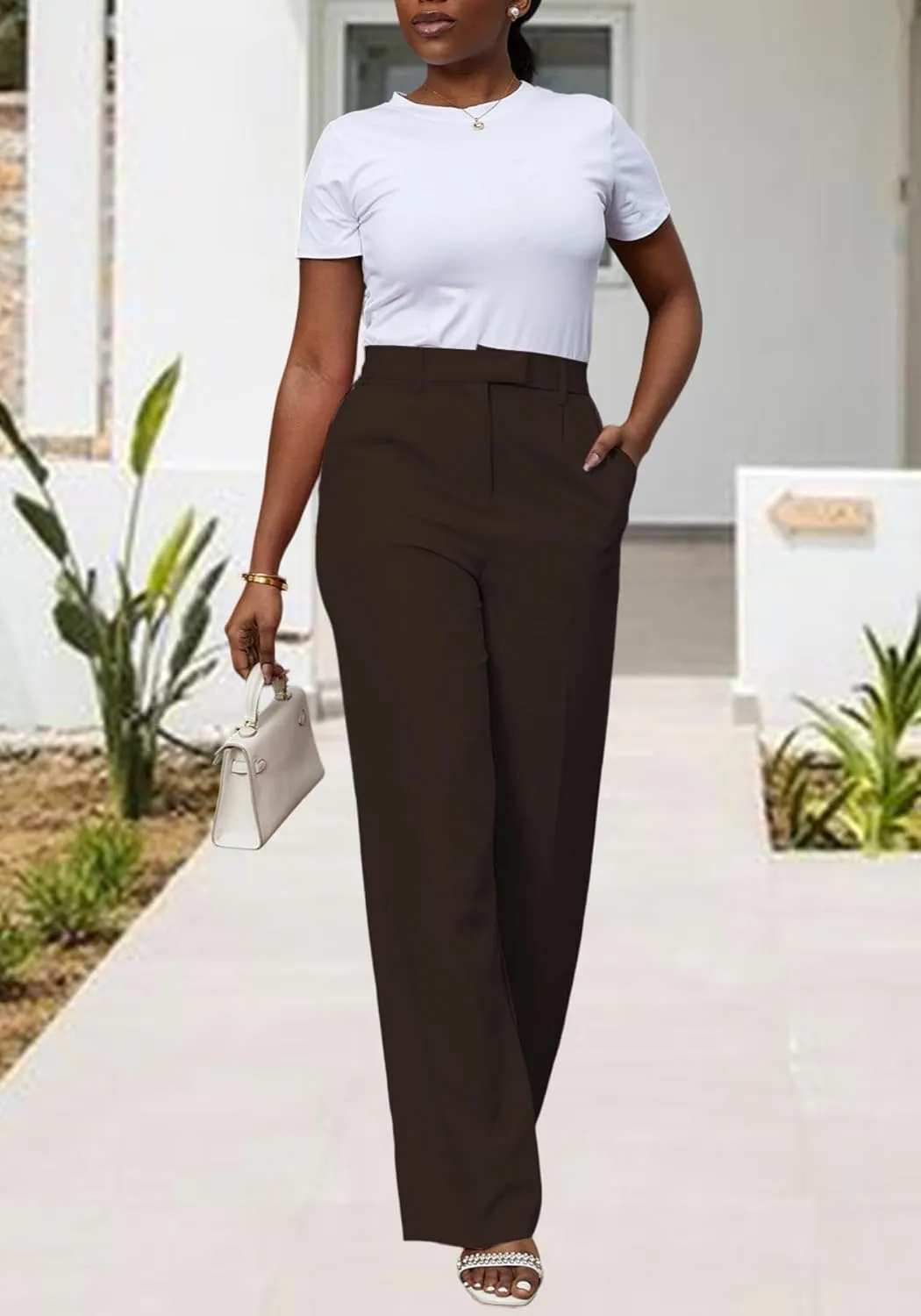 Unybwonn Women Wide Leg Dress Pants High Waisted Straight Leg Business Slacks Work Pants Casual Button Down Trousers