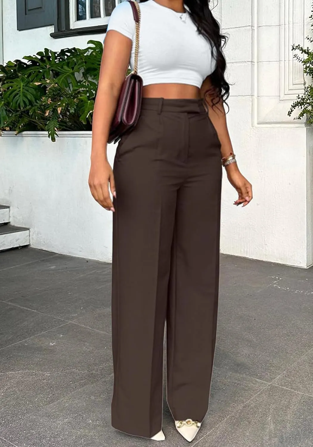 Unybwonn Women Wide Leg Dress Pants High Waisted Straight Leg Business Slacks Work Pants Casual Button Down Trousers