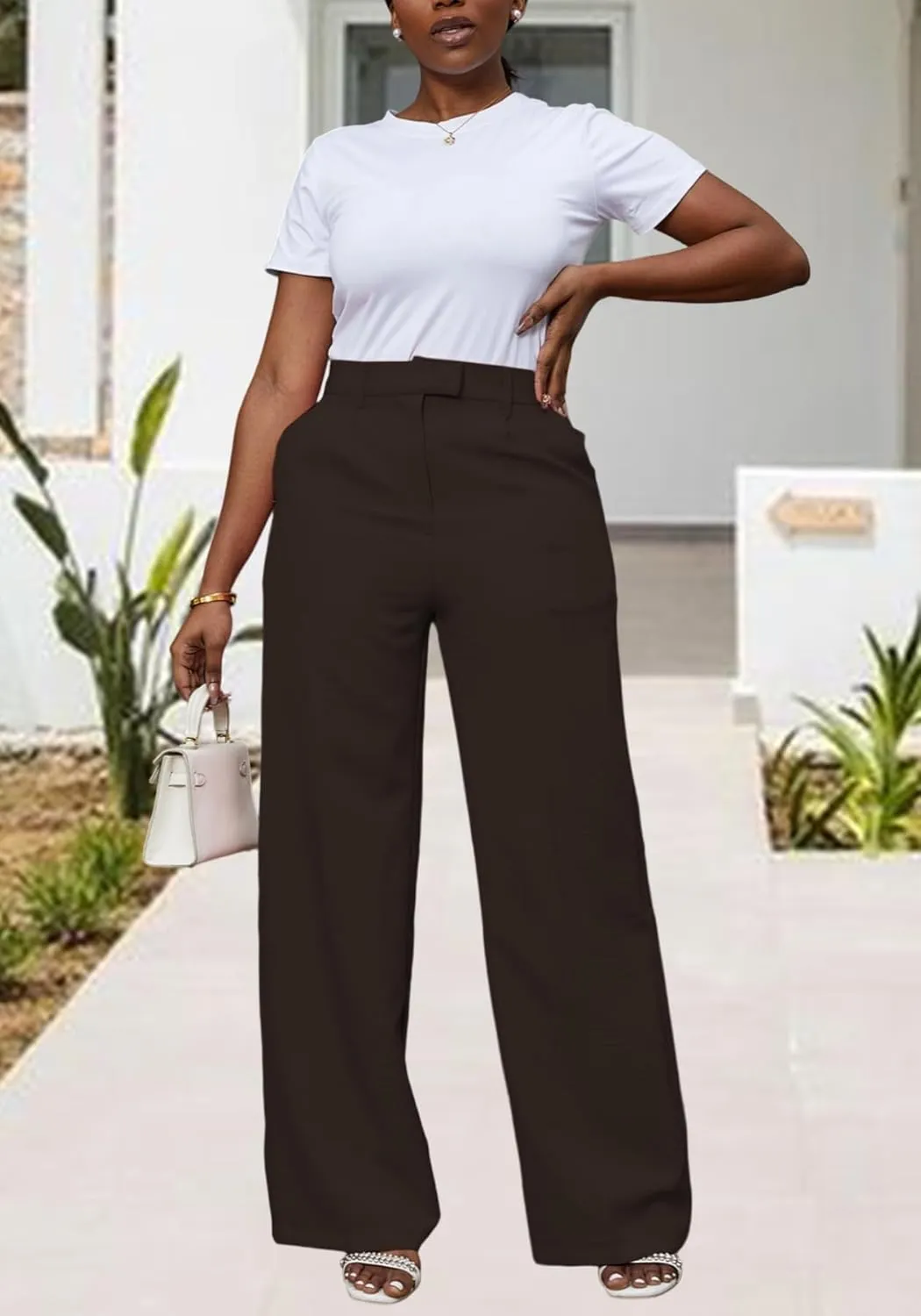 Unybwonn Women Wide Leg Dress Pants High Waisted Straight Leg Business Slacks Work Pants Casual Button Down Trousers