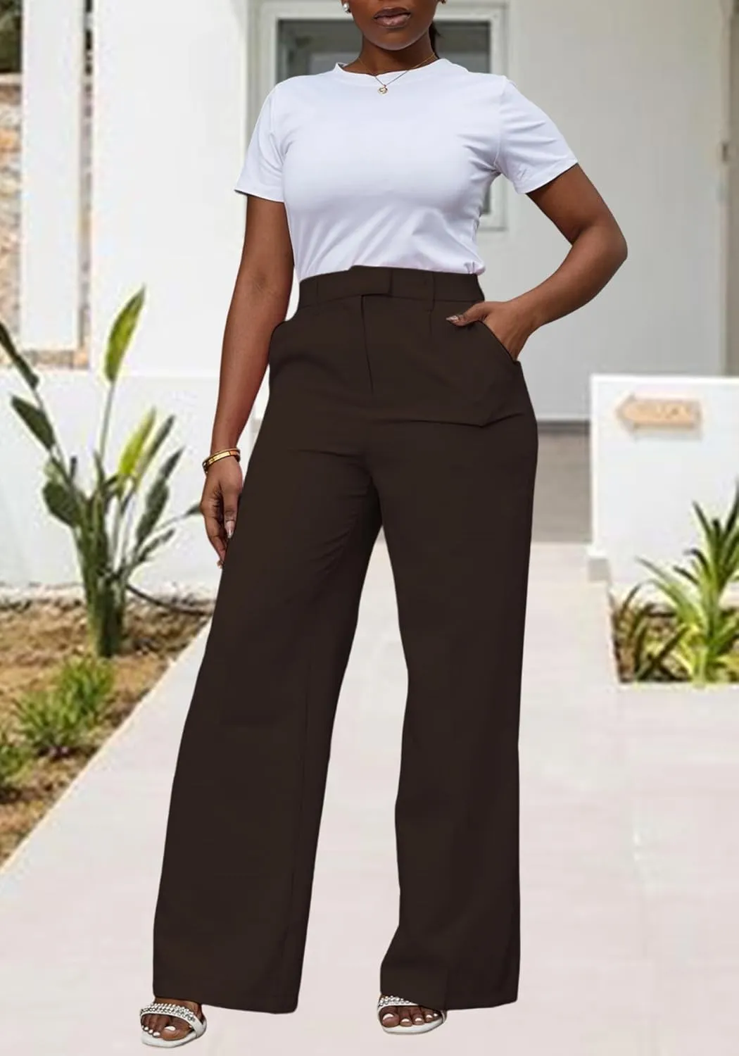 Unybwonn Women Wide Leg Dress Pants High Waisted Straight Leg Business Slacks Work Pants Casual Button Down Trousers