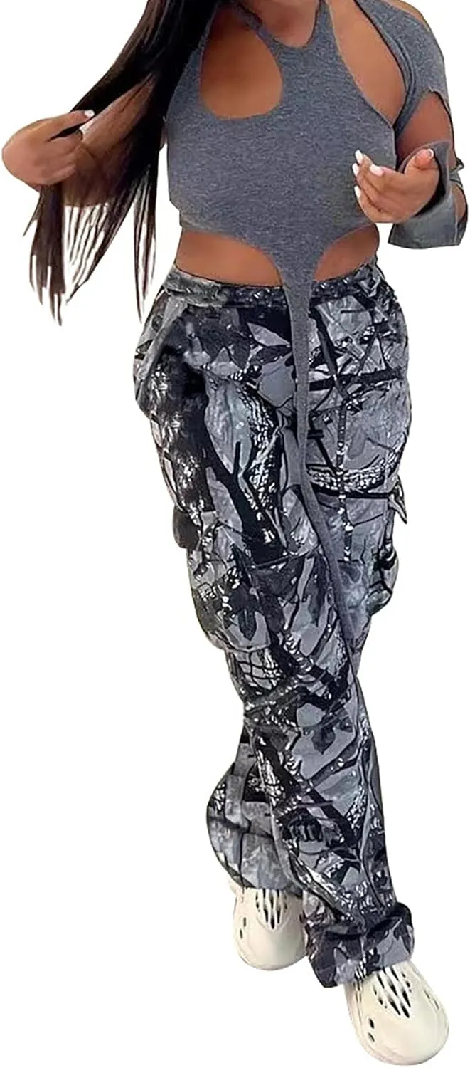 Vakkest Women's Oversized Camo Cargo Pants Jogger Trousers Workout Sweatpants Camouflage Army Fatigue with Pockets
