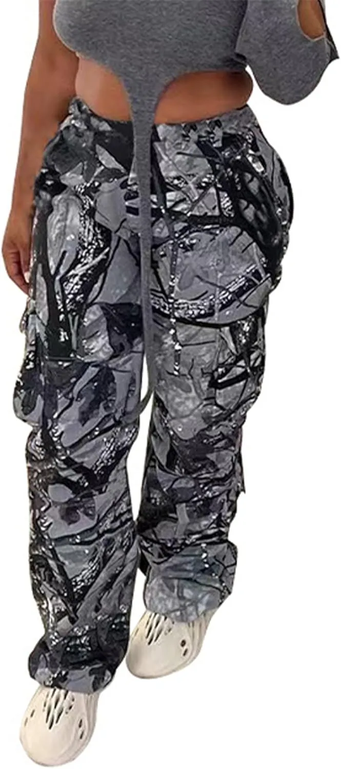 Vakkest Women's Oversized Camo Cargo Pants Jogger Trousers Workout Sweatpants Camouflage Army Fatigue with Pockets