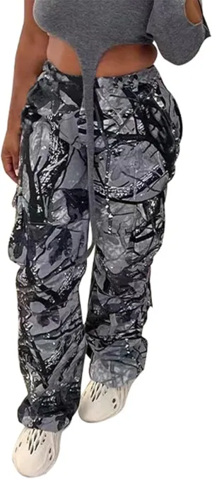 Vakkest Women's Oversized Camo Cargo Pants Jogger Trousers Workout Sweatpants Camouflage Army Fatigue with Pockets