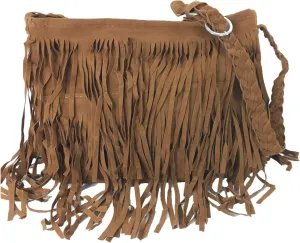 Vegan Suede Fringe Saddle Bag, Cognac Brown