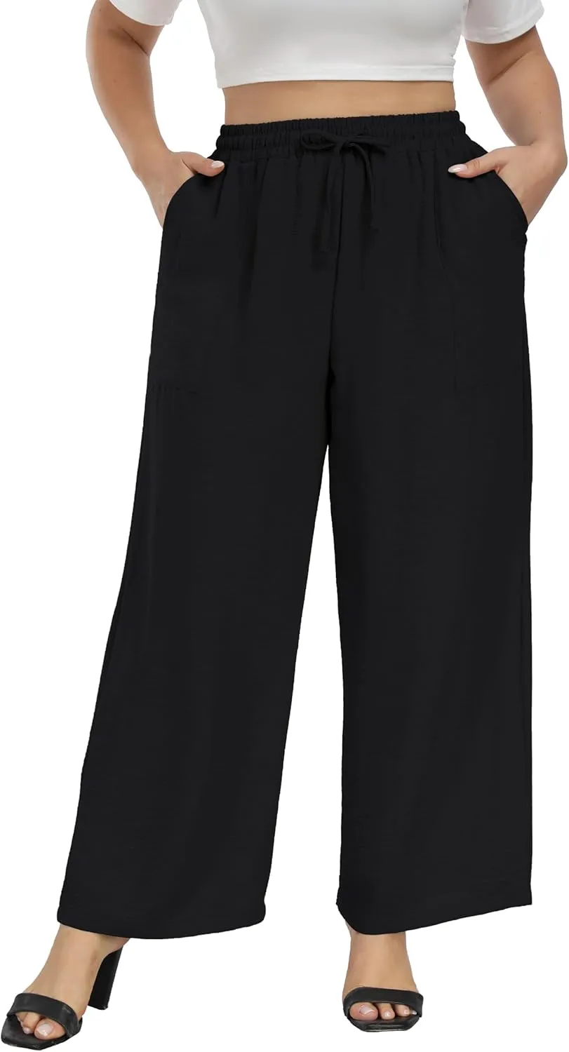VOGUEMAX Womens Plus Size Wide Leg Pants Summer Casual Pants Loose Fit Flowy High Waisted Trousers with Pockets