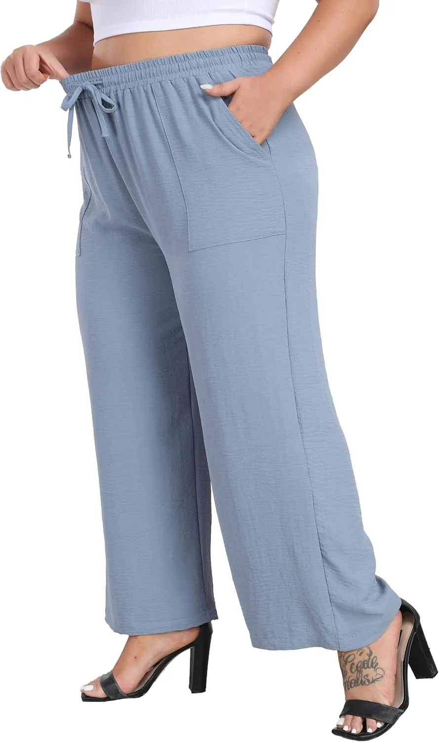 VOGUEMAX Womens Plus Size Wide Leg Pants Summer Casual Pants Loose Fit Flowy High Waisted Trousers with Pockets
