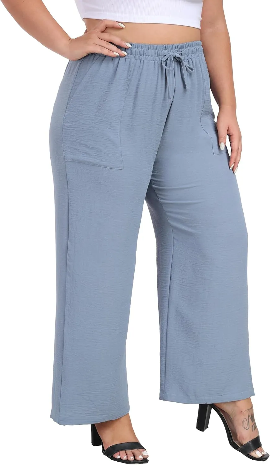 VOGUEMAX Womens Plus Size Wide Leg Pants Summer Casual Pants Loose Fit Flowy High Waisted Trousers with Pockets