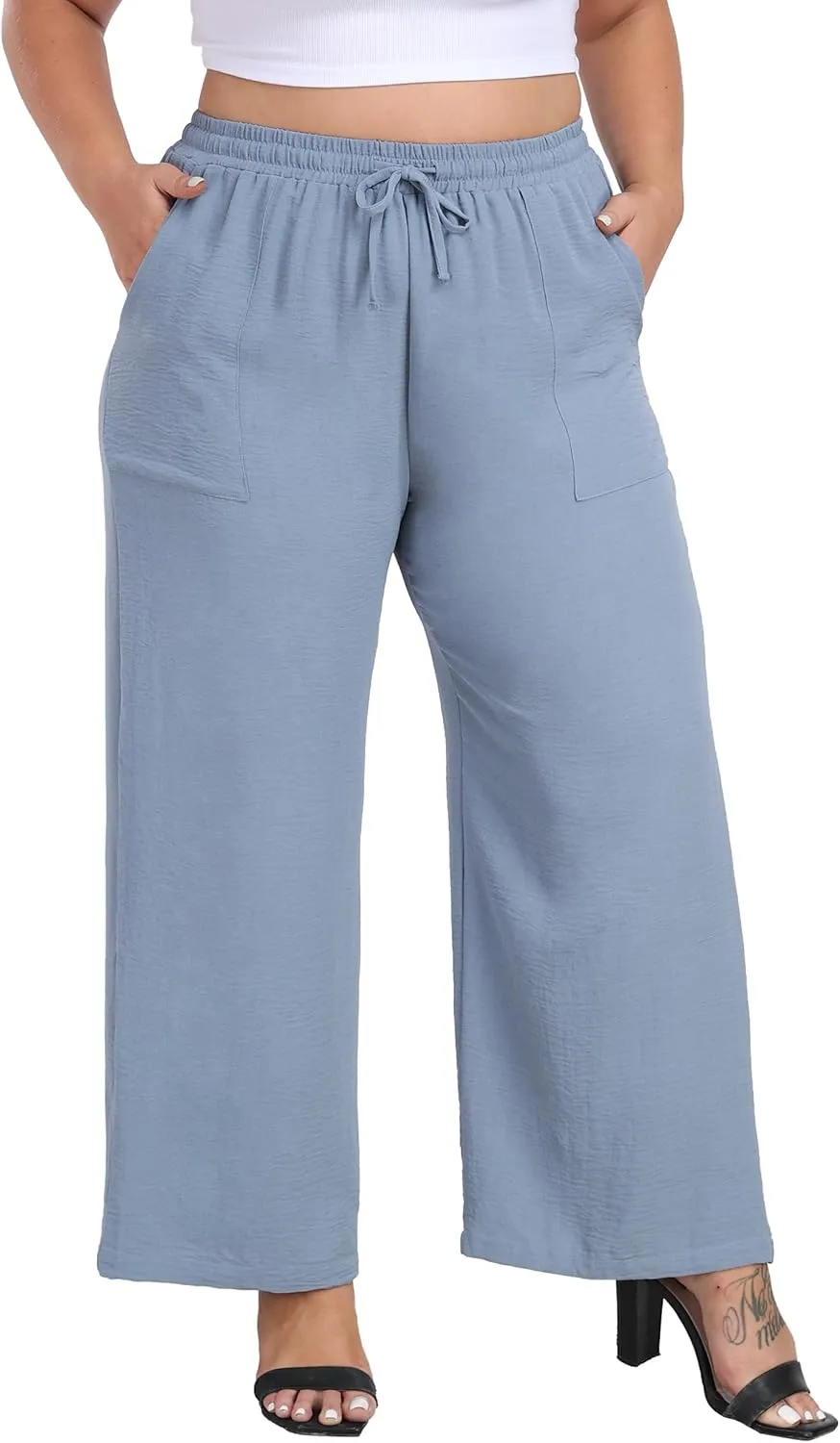 VOGUEMAX Womens Plus Size Wide Leg Pants Summer Casual Pants Loose Fit Flowy High Waisted Trousers with Pockets