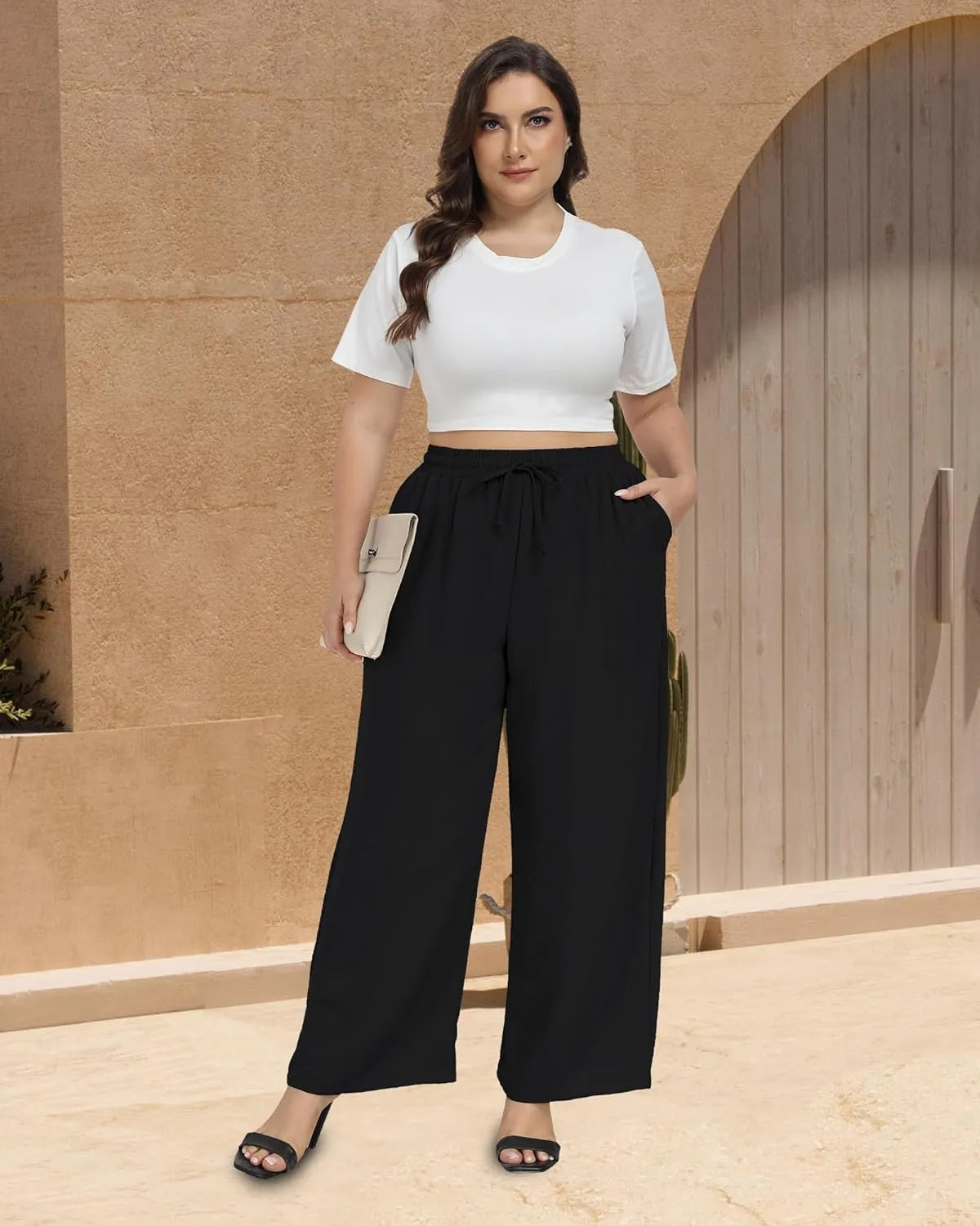 VOGUEMAX Womens Plus Size Wide Leg Pants Summer Casual Pants Loose Fit Flowy High Waisted Trousers with Pockets