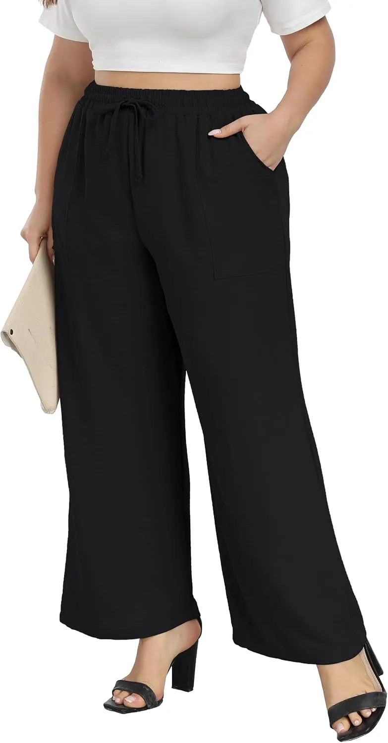 VOGUEMAX Womens Plus Size Wide Leg Pants Summer Casual Pants Loose Fit Flowy High Waisted Trousers with Pockets