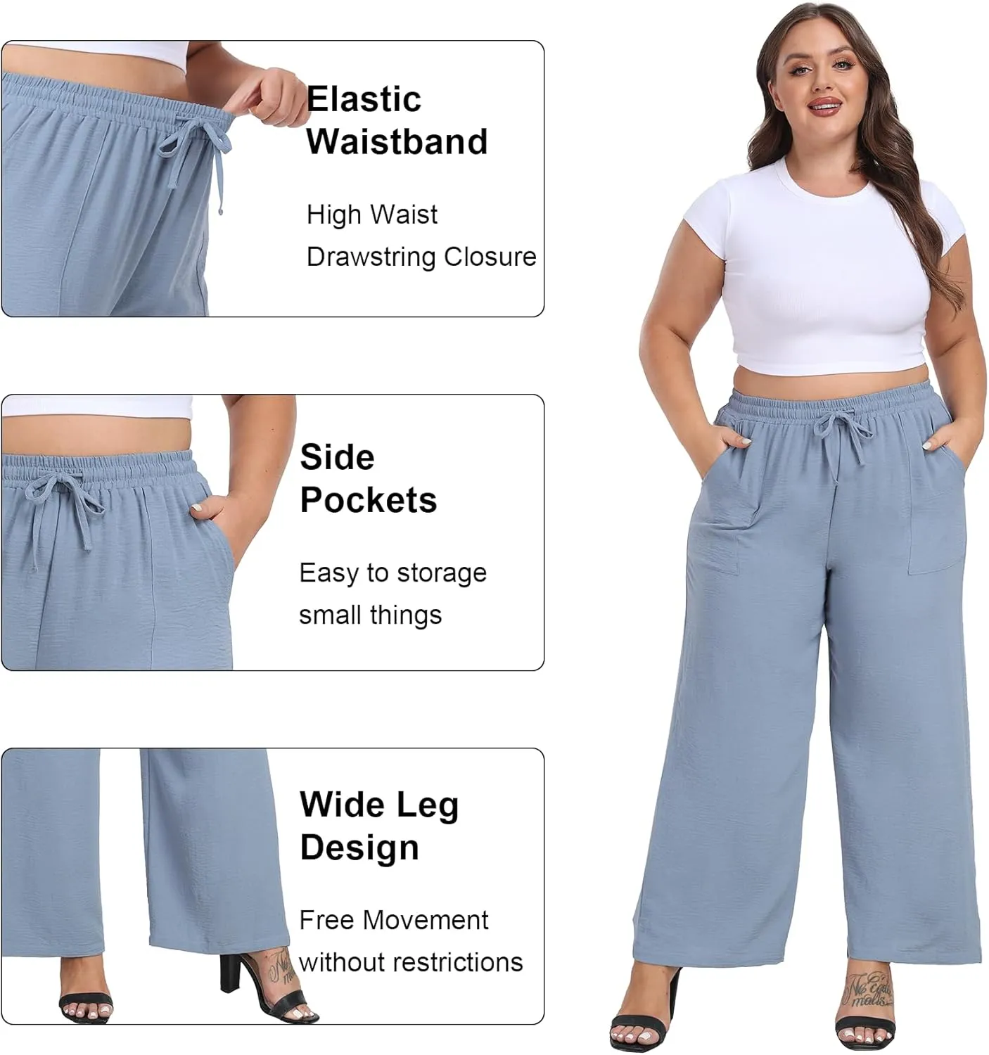 VOGUEMAX Womens Plus Size Wide Leg Pants Summer Casual Pants Loose Fit Flowy High Waisted Trousers with Pockets