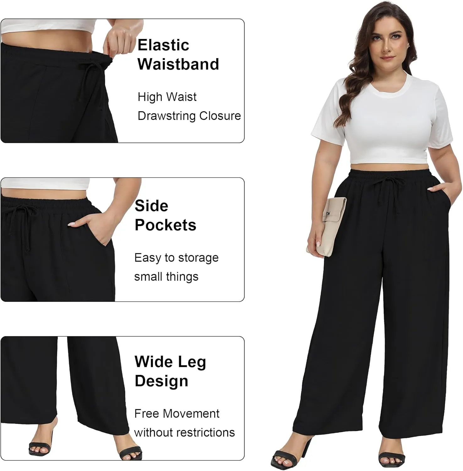 VOGUEMAX Womens Plus Size Wide Leg Pants Summer Casual Pants Loose Fit Flowy High Waisted Trousers with Pockets
