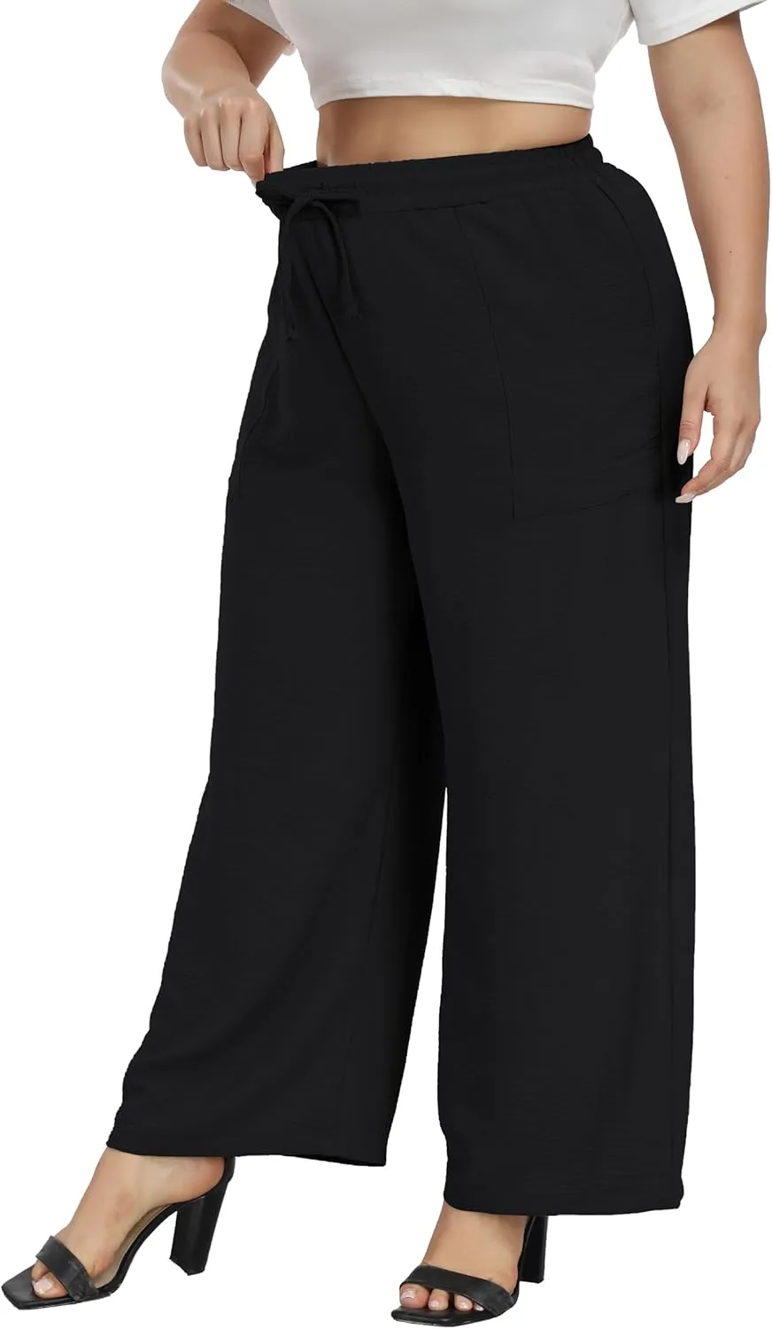 VOGUEMAX Womens Plus Size Wide Leg Pants Summer Casual Pants Loose Fit Flowy High Waisted Trousers with Pockets