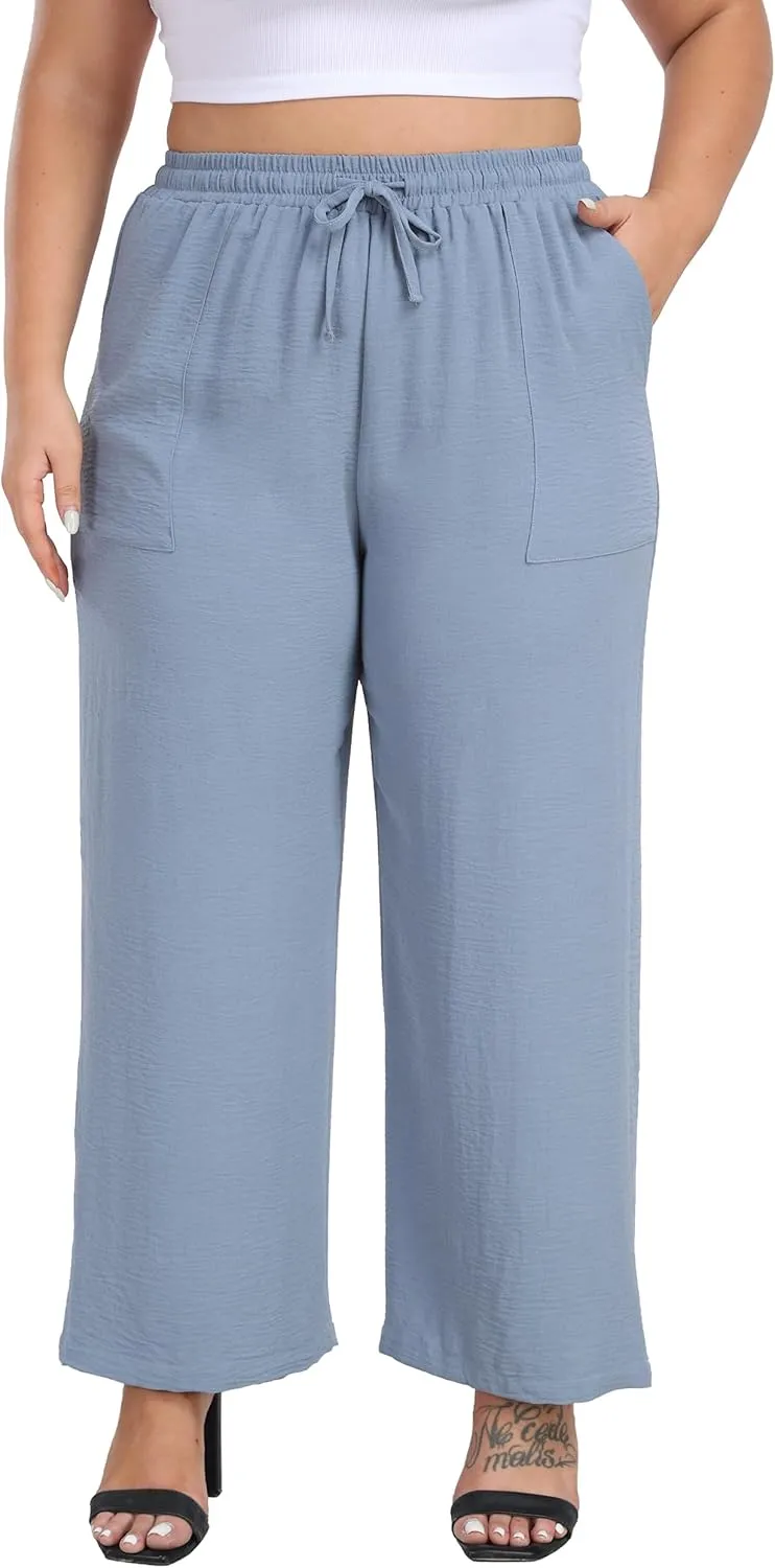 VOGUEMAX Womens Plus Size Wide Leg Pants Summer Casual Pants Loose Fit Flowy High Waisted Trousers with Pockets