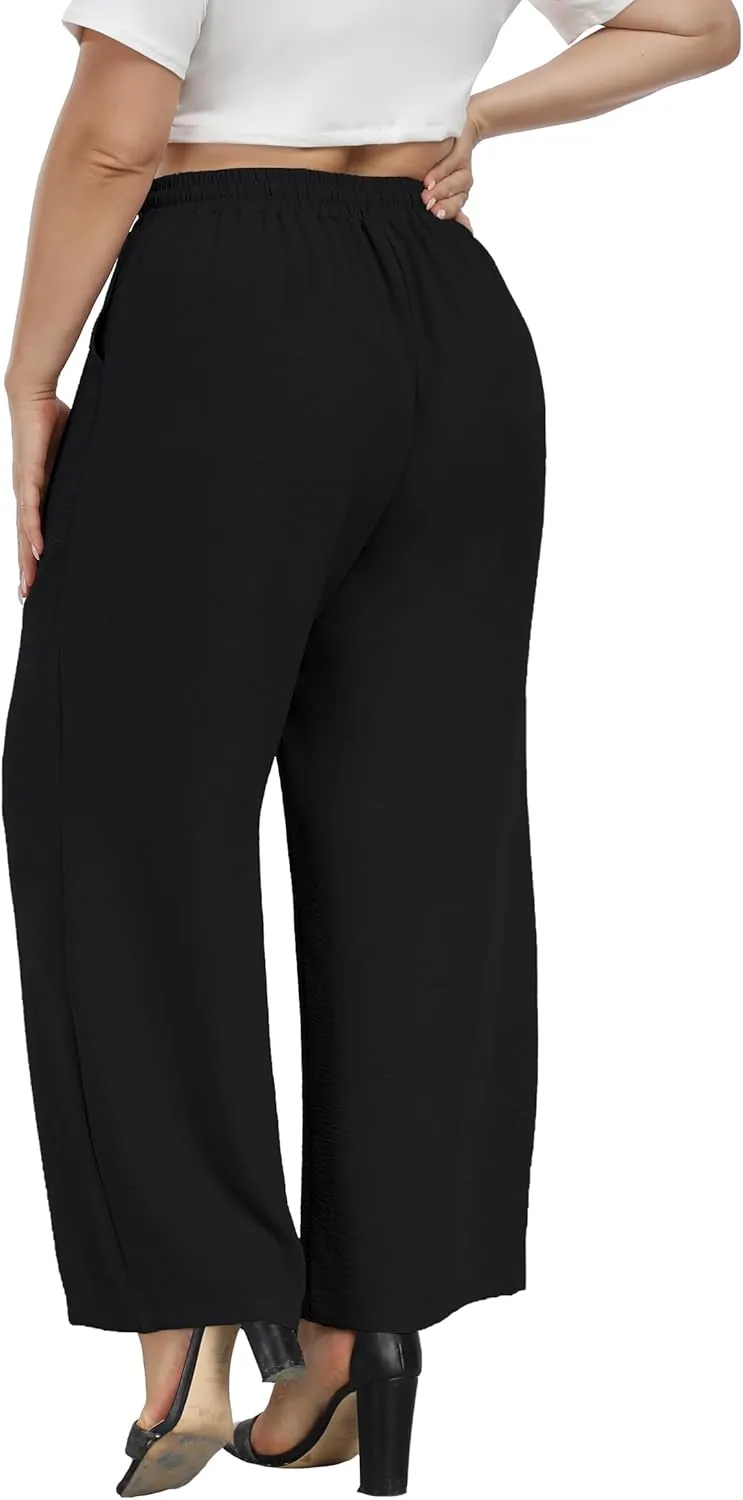 VOGUEMAX Womens Plus Size Wide Leg Pants Summer Casual Pants Loose Fit Flowy High Waisted Trousers with Pockets