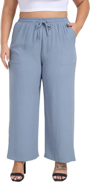 VOGUEMAX Womens Plus Size Wide Leg Pants Summer Casual Pants Loose Fit Flowy High Waisted Trousers with Pockets