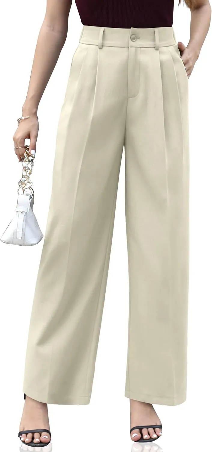 VOOVEEYA Casual Wide Leg Pants for Women - Elastic High Waisted Dress Pants for Business Work Comfy Slacks Trousers Suit