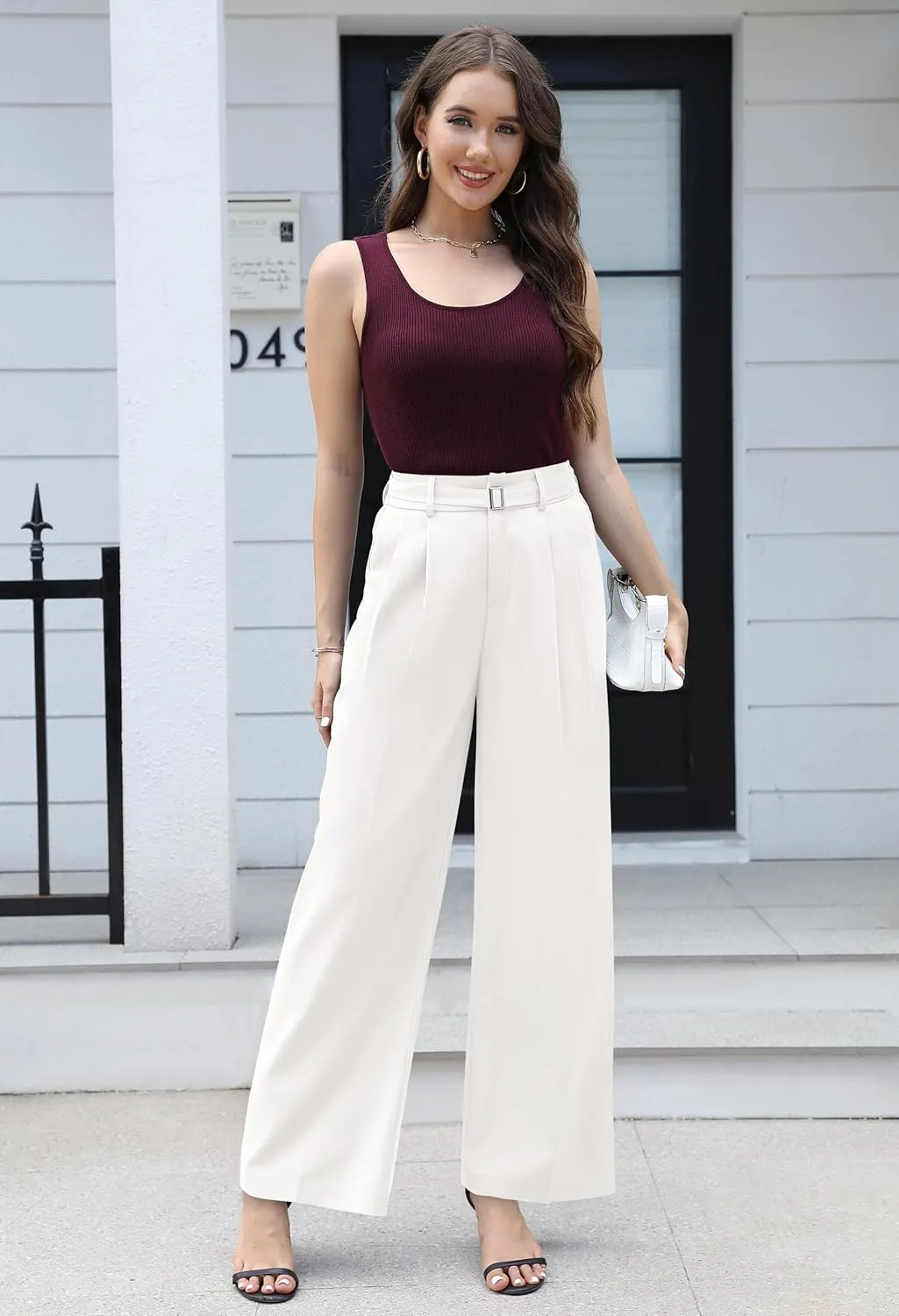 VOOVEEYA Casual Wide Leg Pants for Women - Elastic High Waisted Dress Pants for Business Work Comfy Slacks Trousers Suit