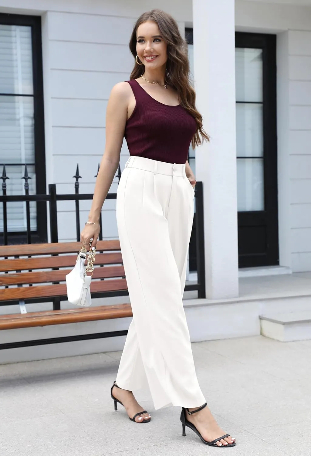 VOOVEEYA Casual Wide Leg Pants for Women - Elastic High Waisted Dress Pants for Business Work Comfy Slacks Trousers Suit
