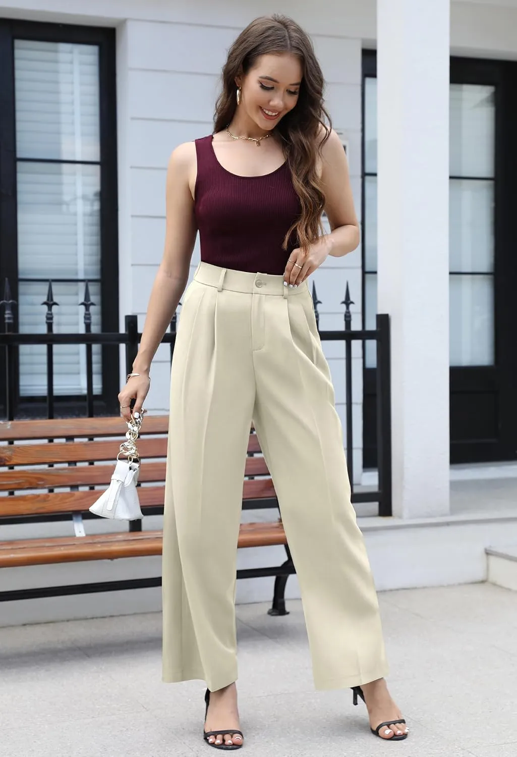 VOOVEEYA Casual Wide Leg Pants for Women - Elastic High Waisted Dress Pants for Business Work Comfy Slacks Trousers Suit