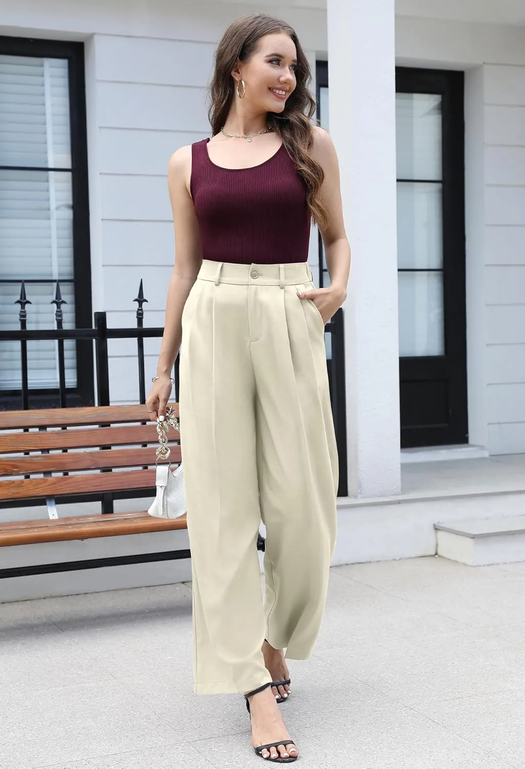 VOOVEEYA Casual Wide Leg Pants for Women - Elastic High Waisted Dress Pants for Business Work Comfy Slacks Trousers Suit