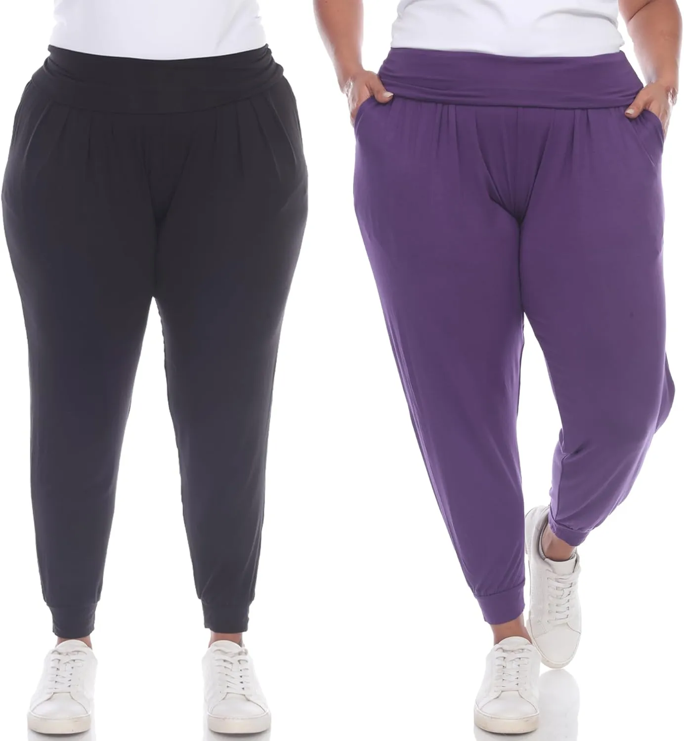 white mark Women's 2-PC Pack Harem Jogger Aladdin Elephant Pants with Pockets Relaxed High Waist Yoga Lounge Pants