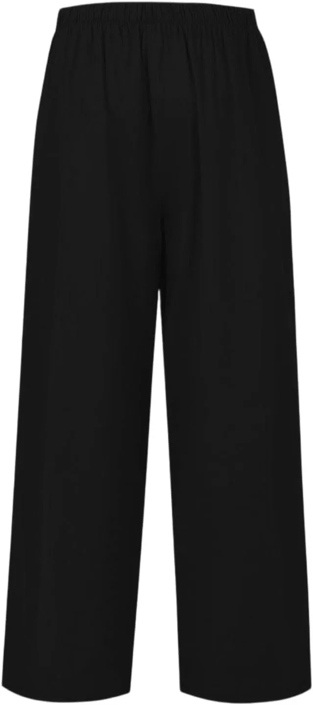 Wide Leg Linen Pants for Women Baggy Drawstring High Waisted Palazzo Pants Beach Vacation Lounge Pants with Pockets