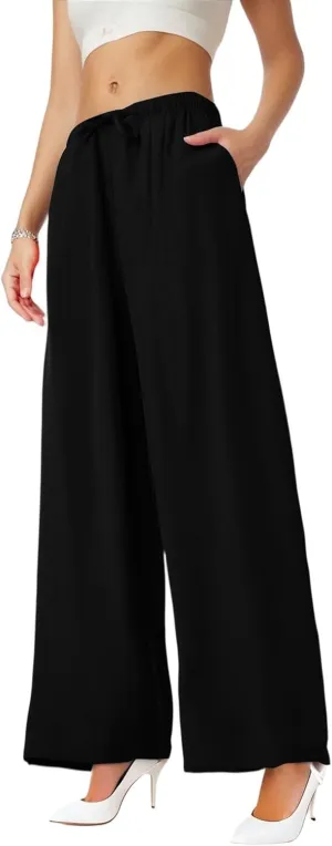 Wide Leg Linen Pants for Women Baggy Drawstring High Waisted Palazzo Pants Beach Vacation Lounge Pants with Pockets