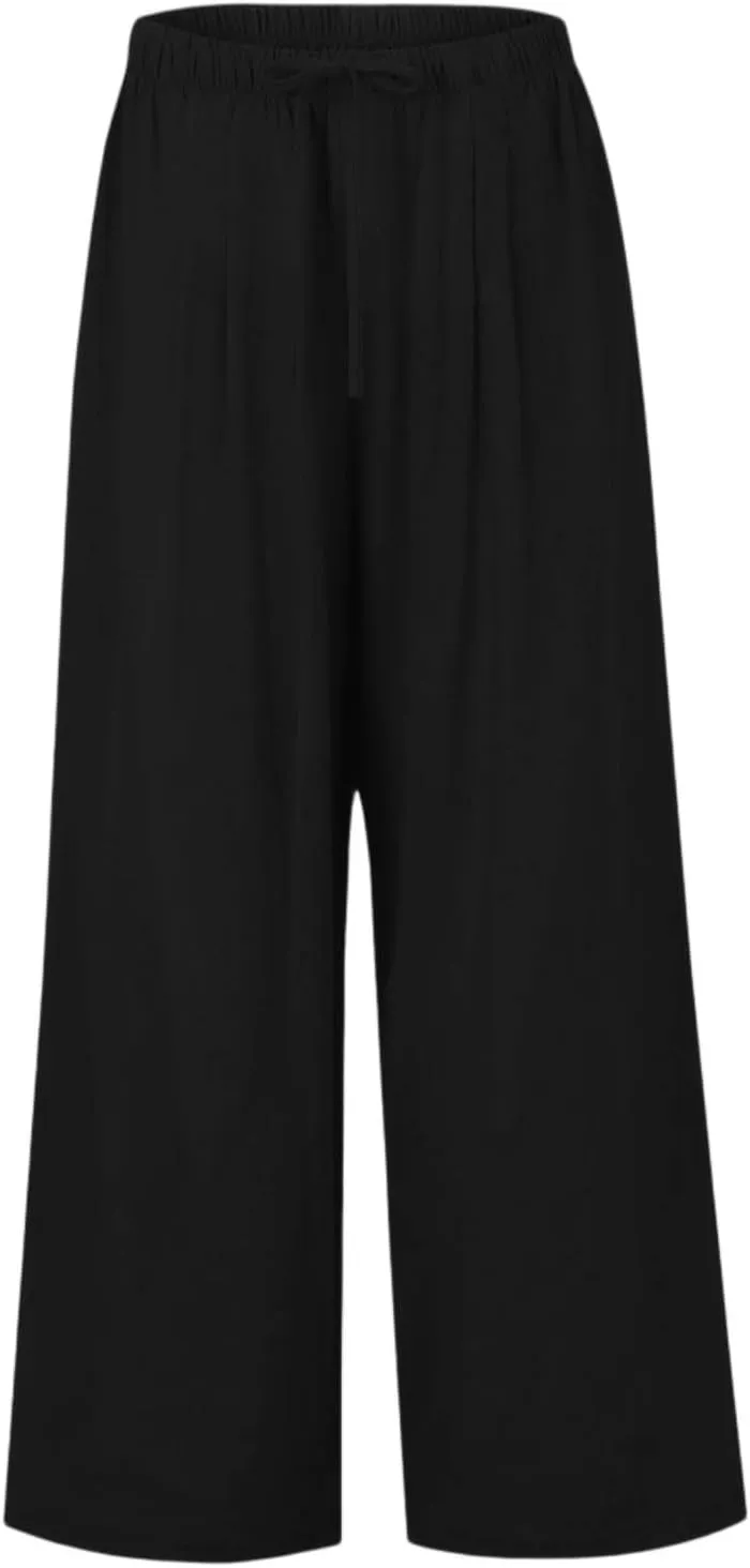 Wide Leg Linen Pants for Women Baggy Drawstring High Waisted Palazzo Pants Beach Vacation Lounge Pants with Pockets