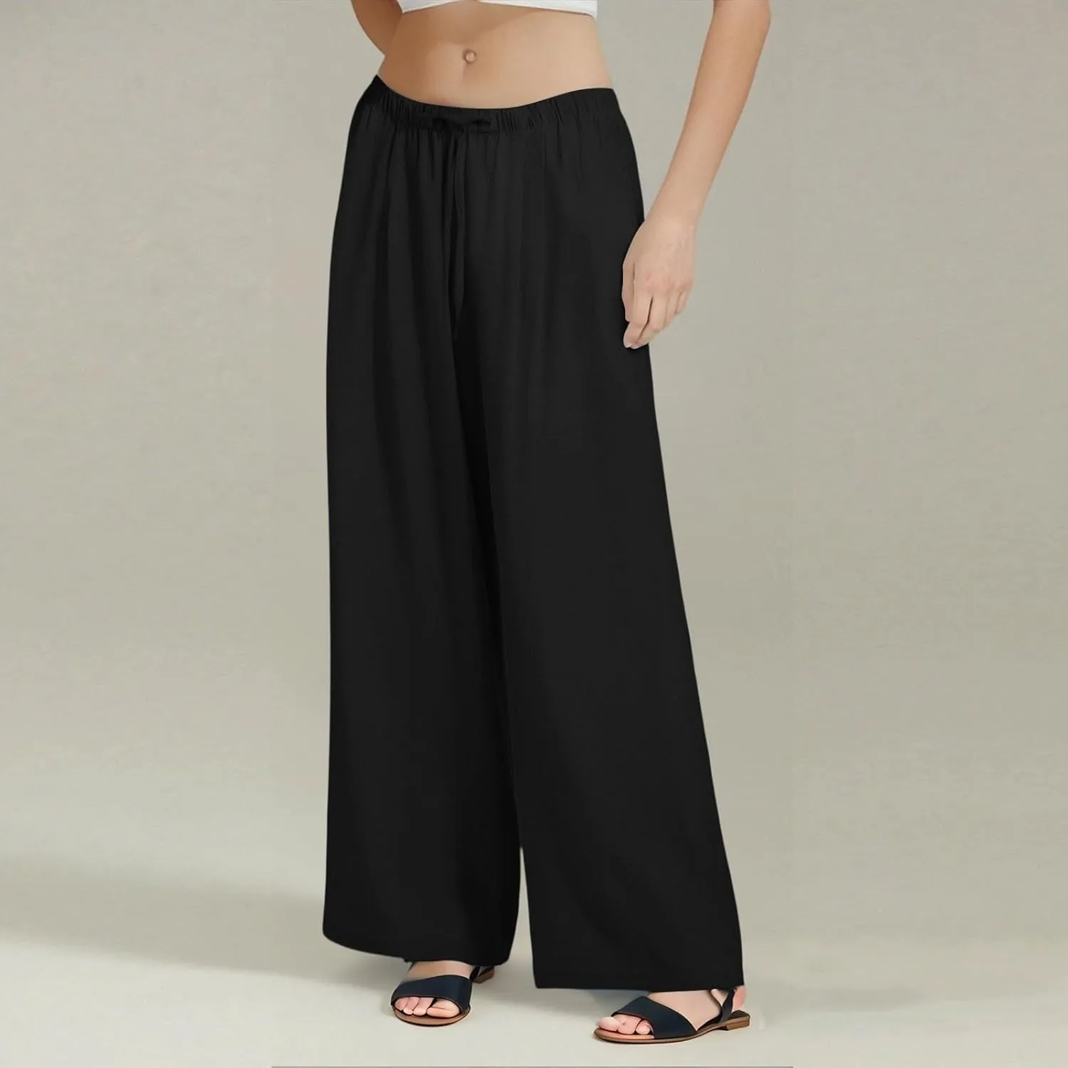 Wide Leg Linen Pants for Women Baggy Drawstring High Waisted Palazzo Pants Beach Vacation Lounge Pants with Pockets