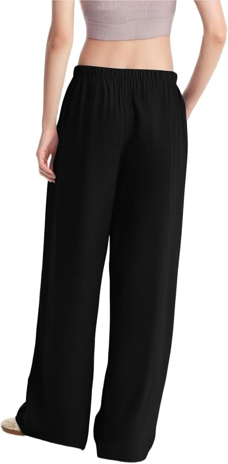 Wide Leg Linen Pants for Women Baggy Drawstring High Waisted Palazzo Pants Beach Vacation Lounge Pants with Pockets