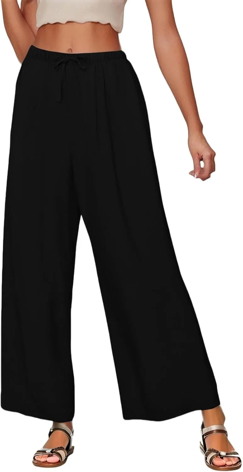 Wide Leg Linen Pants for Women Baggy Drawstring High Waisted Palazzo Pants Beach Vacation Lounge Pants with Pockets