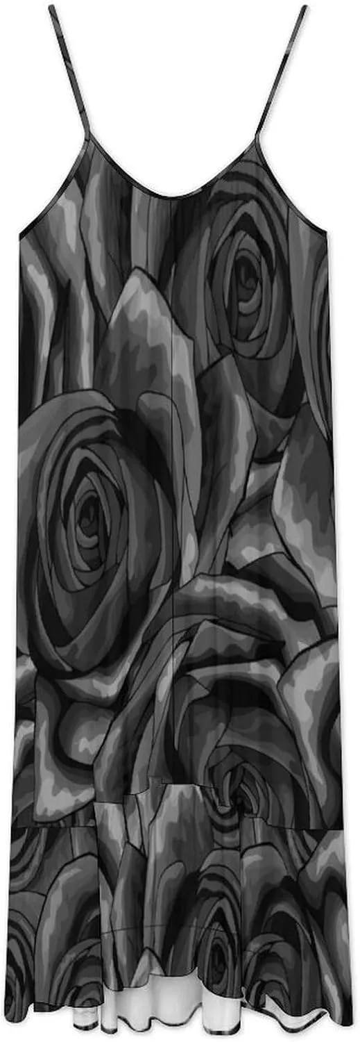 Women Black Rose Summer Strappy Long Dress Sweet Ruffled Flowy Boho Sundresses