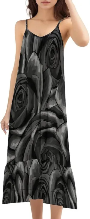 Women Black Rose Summer Strappy Long Dress Sweet Ruffled Flowy Boho Sundresses