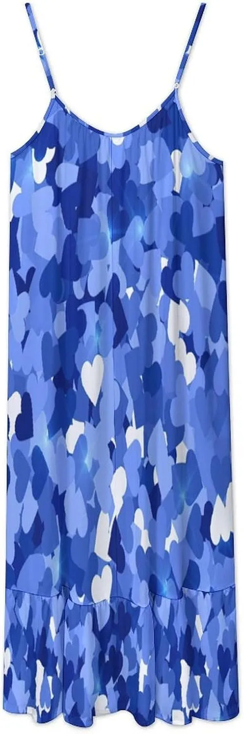 Women Blue Hearts Spring Strappy Tank Dress Sexy Ruffle Flowy Boho Sundress